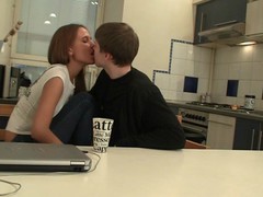 Legal Age Teenager pair uses table in the kitchen in order to have a fun hawt sex