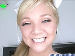 Cute and blameless golden-haired legal age teenager gets face fucked and throated by beefing penis, then gets her taut bawdy cleft pounded until this babe jerks out a spunk flow by hand.